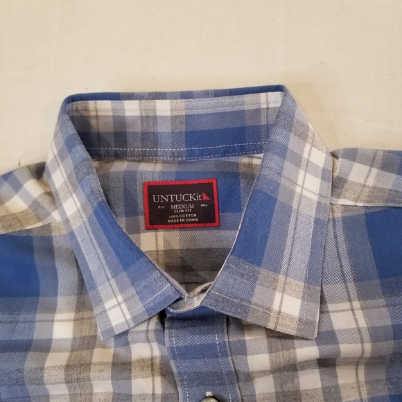 Untuckit Mens Short Sleeve Blue Check Plaid Button Up Size Medium Slim Fit Fiano - Picture 2 of 9